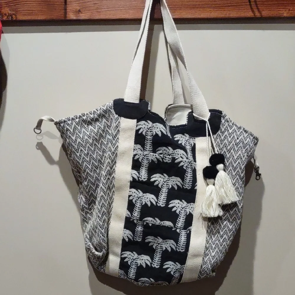 Palm Tree Patterned Tote Bag - Black and Cream Slouch Bag